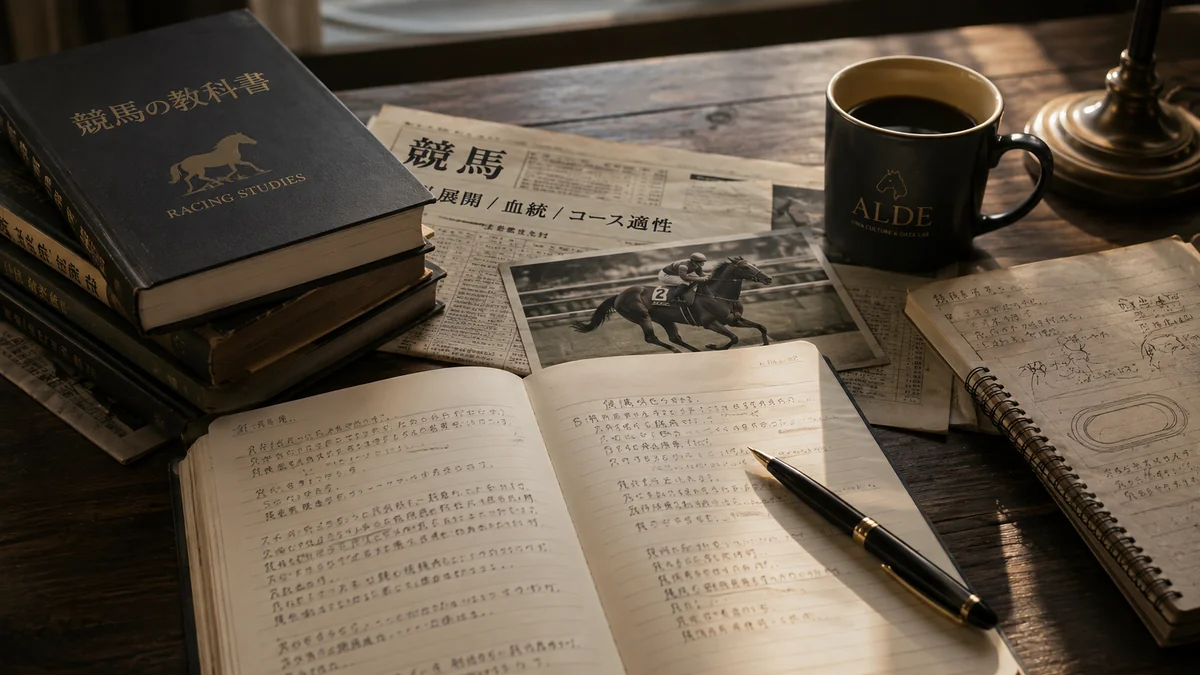 競馬資料とノートを広げて考察する机